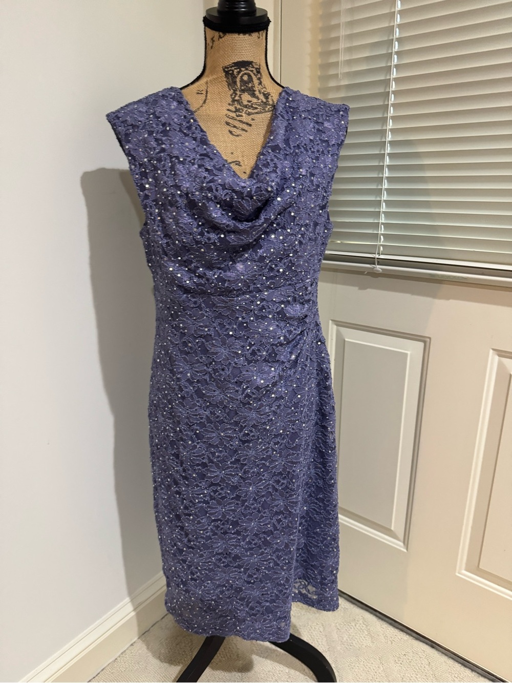 connected apparel Lavender Lace Cowl-Neck sparkly Cocktail Dress